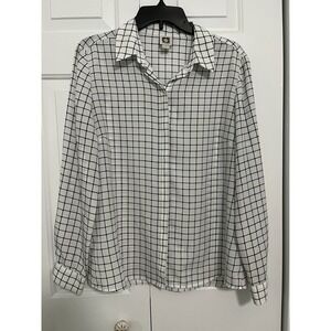Anne Klein Womens Blouse Black White squares grid Top Button up Large Shirt L